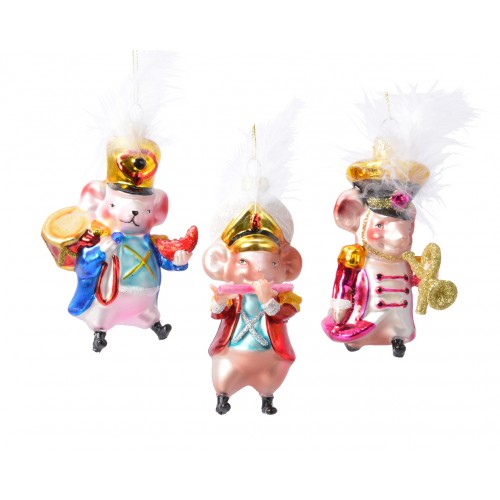 Tre topolini in vetro decorati con...